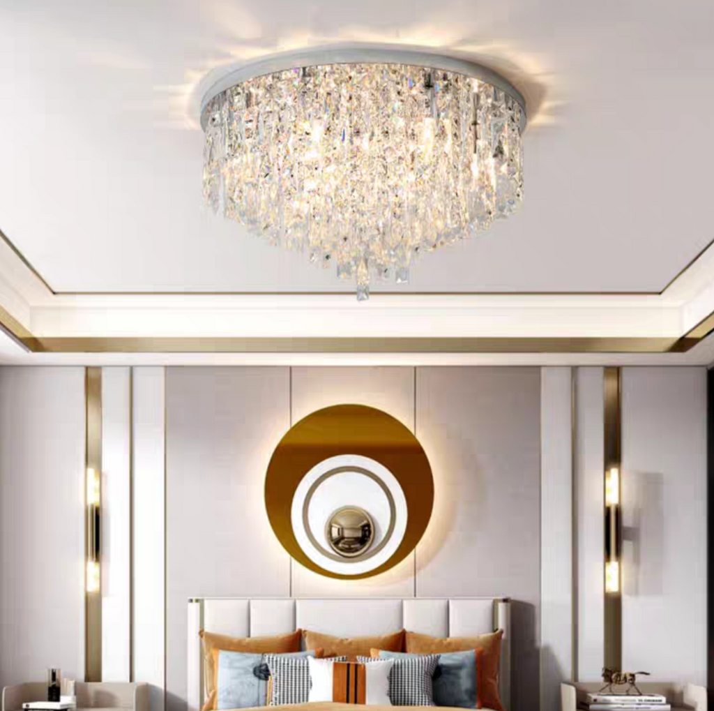 Oversize Stainless Steel Flush Mount Crystal Chandelier with Tiered Design for Living Room Bedroom