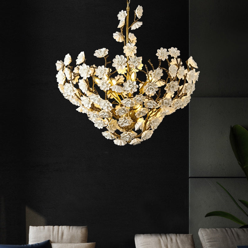 Post-Modern Light Luxury Brass and Ceramics Flower Art Chandelier for Living / dining Room / bedside / hallway