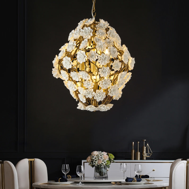 Post-Modern Light Luxury Brass and Ceramics Flower Art Chandelier for Living / dining Room / bedside / hallway