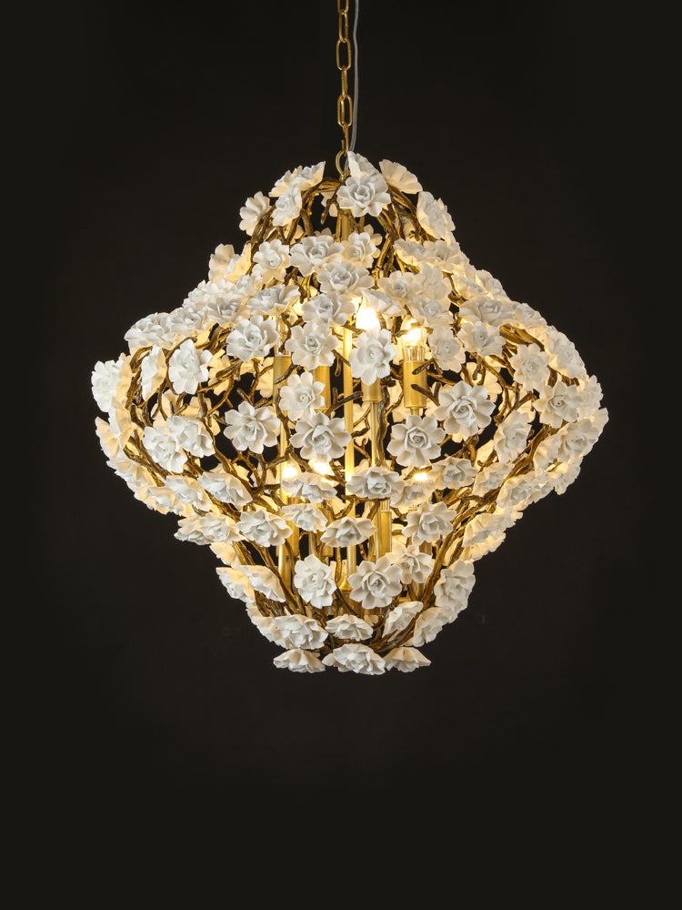 Post-Modern Light Luxury Brass and Ceramics Flower Art Chandelier for Living / dining Room / bedside / hallway