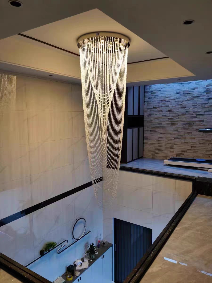 Extra Large Affordable Luxury Tiered Tassel Watefall Crystal Chandelier for Spiral Staircase / villa / hotel