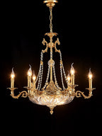 European Style Brass and Crystal Candle Chandelier with Glass Shade for Living Room Foyer Hallway