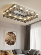 Oversize Modern Flush Mount Chandelier with Mirrored Stainless Steel and Crystal Pendants, Square &