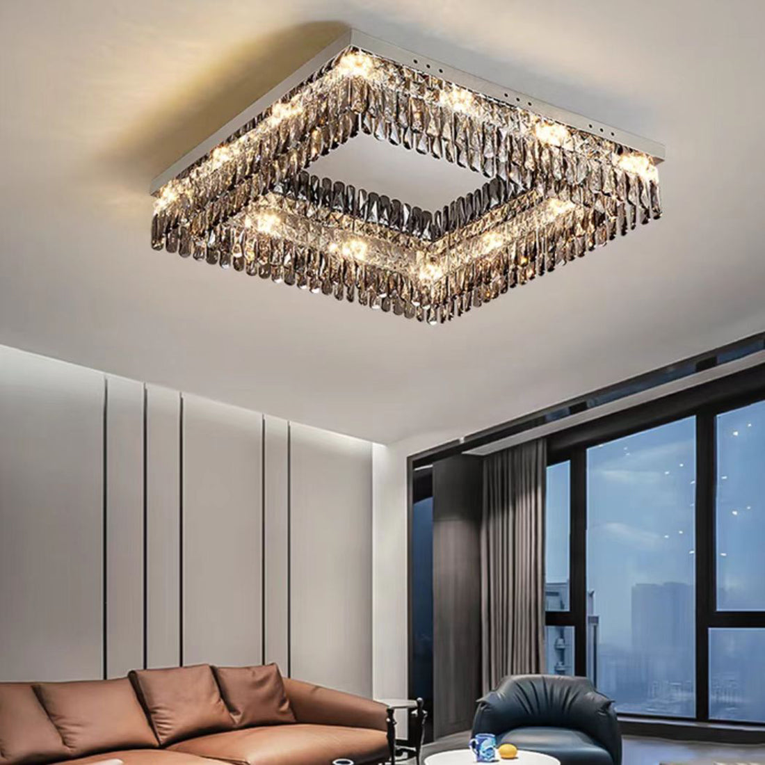 Oversize Modern Flush Mount Chandelier with Mirrored Stainless Steel and Crystal Pendants, Square &