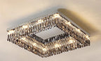 Oversize Modern Flush Mount Chandelier with Mirrored Stainless Steel and Crystal Pendants, Square &