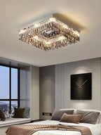 Oversize Modern Flush Mount Chandelier with Mirrored Stainless Steel and Crystal Pendants, Square &