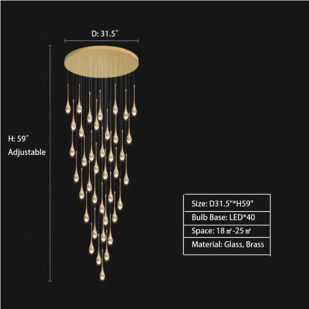 Modern Long Gold Glass Rain Rod Pendant Light for Staircase / high-Ceiling Room