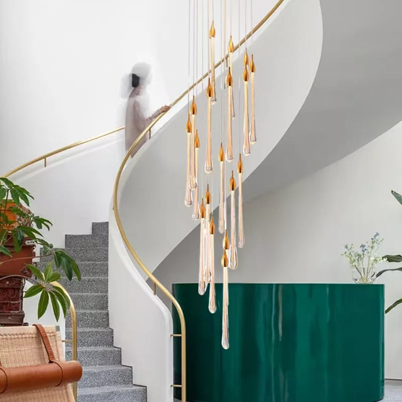 Modern Long Gold Glass Rain Rod Pendant Light for Staircase / high-Ceiling Room