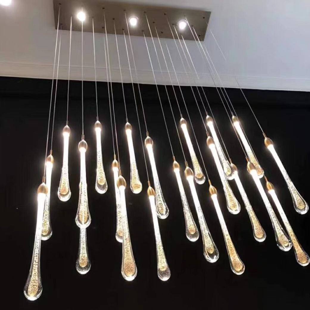 Modern Long Gold Glass Rain Rod Pendant Light for Staircase / high-Ceiling Room