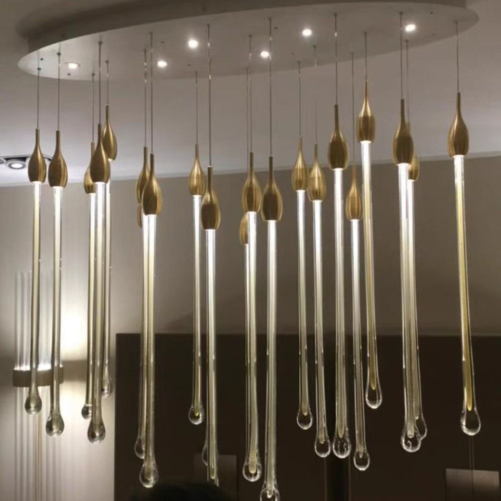 Modern Long Gold Glass Rain Rod Pendant Light for Staircase / high-Ceiling Room