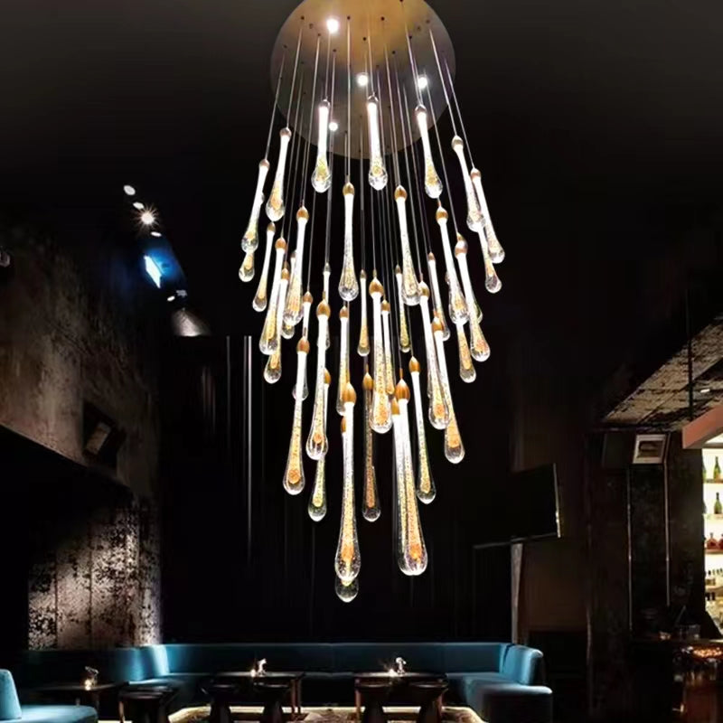 Modern Long Gold Glass Rain Rod Pendant Light for Staircase / high-Ceiling Room