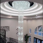 Extra Large Round Silver Flush Mount Luxury K9 Crystal Waterfall Chandelier for High-Ceiling Living Room