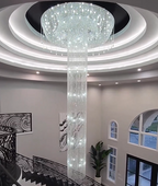 Extra Large Round Silver Flush Mount Luxury K9 Crystal Waterfall Chandelier for High-Ceiling Living Room