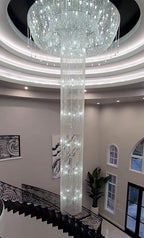 Extra Large Round Silver Flush Mount Luxury K9 Crystal Waterfall Chandelier for High-Ceiling Living Room