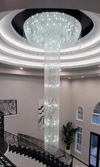 Extra Large Round Silver Flush Mount Luxury K9 Crystal Waterfall Chandelier for High-Ceiling Living Room