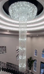 Extra Large Round Silver Flush Mount Luxury K9 Crystal Waterfall Chandelier for High-Ceiling Living Room