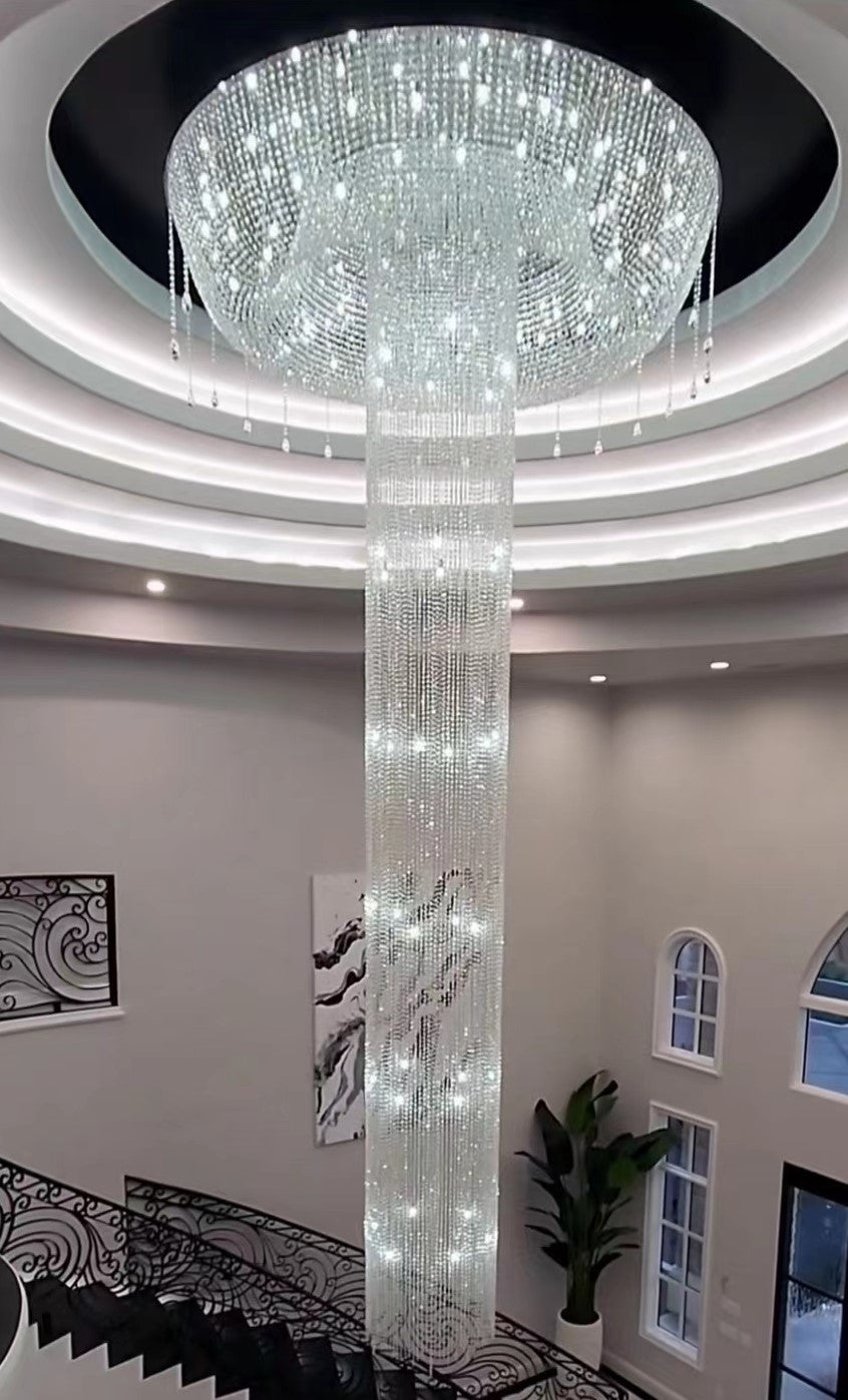 Extra Large Round Silver Flush Mount Luxury K9 Crystal Waterfall Chandelier for High-Ceiling Living Room