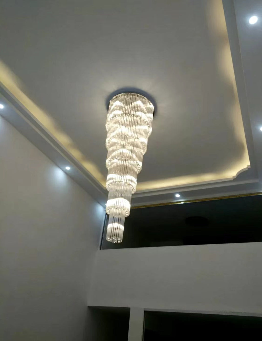 Oversized Tiered Crystal and Stainless Steel Ceiling Chandelier for Luxury Duplex and