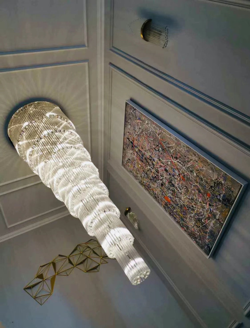 Oversized Tiered Crystal and Stainless Steel Ceiling Chandelier for Luxury Duplex and