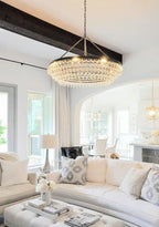 Black Finish Iron Semi Flush Mount Light Round Crystal Drops Ceiling Chandelier for Living Room