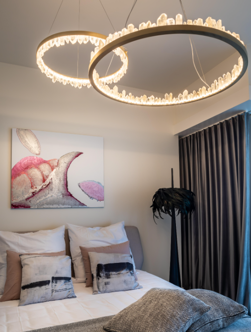 Modern Round Chandelier with Brass / black Finish and Natural Quartz Crystals