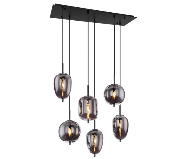 Modern Rectangular Smoky Gray Glass and Metal Chandelier for Dining Room & Kitchen Island