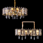 Modern Transparent Crystal and Gold Chandelier with Oval Slices, Round & Rectangle Shapes, High-Quality Finish