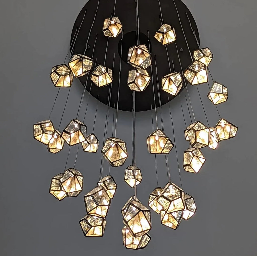 Antique Brass Irregular Cutting Diamond Multi-Drop Suspension Chandelier with Mirror Shades
