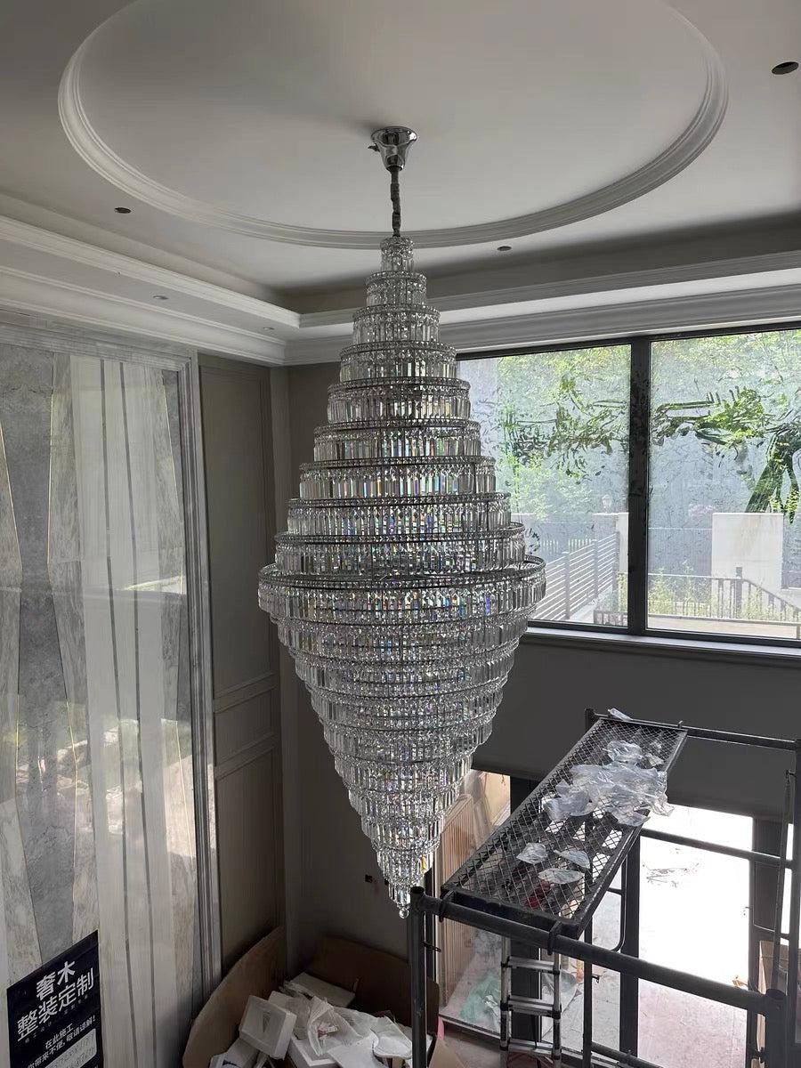 Chrome Extra Large Crystal Chandelier for Foyer Staircase Living Room Entrance Ceiling Light in Silver