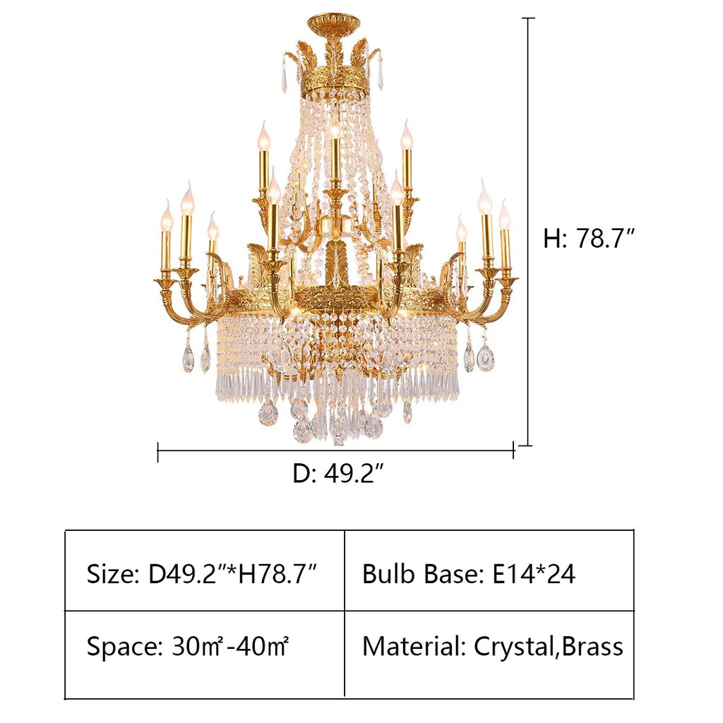 Stunning Oversized Luxury Golden Metal Candle Crystal Tassel Chandelier for High-Ceiling Staircase / entryway