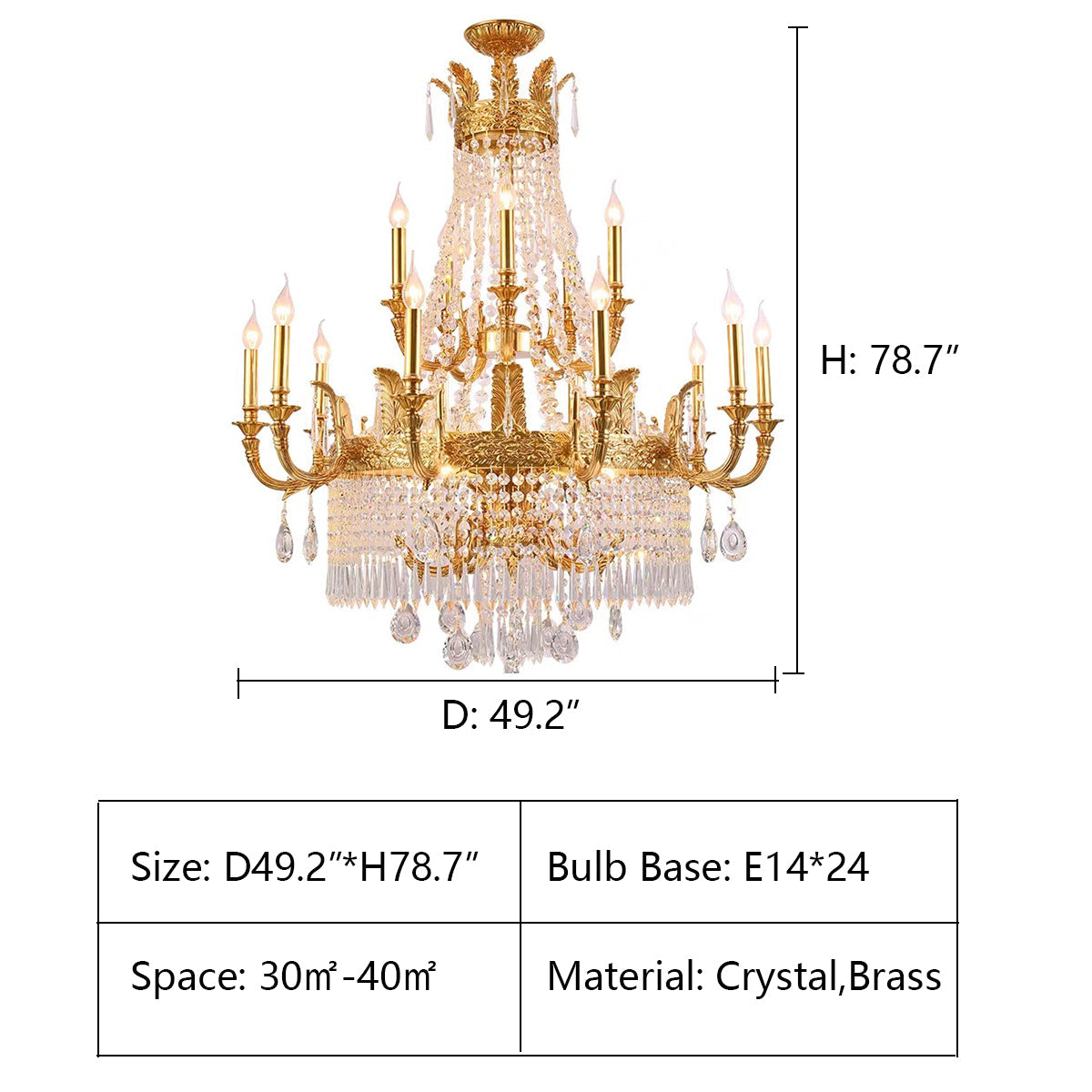Stunning Oversized Luxury Golden Metal Candle Crystal Tassel Chandelier for High-Ceiling Staircase / entryway