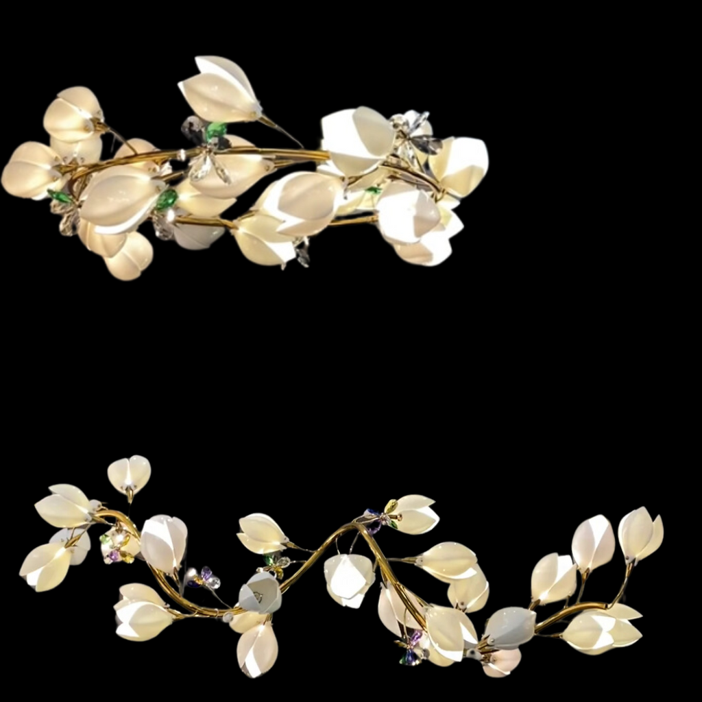 Luxury Ceramic Magnolia Ginkgo Chandelier with Crystal and Brass Finish for Bedroom Living Room Dining Room