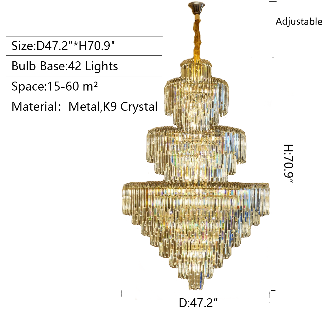Luxury 3-Layer Round Crystal Chandelier with K9 Crystal and Metal Finish for Living Room and Foyer