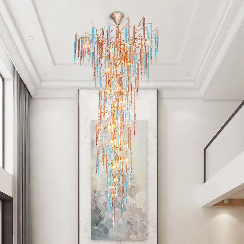 Dora Raindrop Colorful Crystal Branch Staircase Chandelier