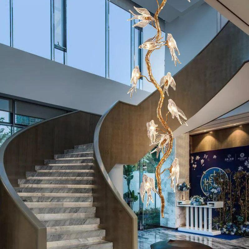 Lucky Bird Glass Tree Branch Chandelier for Staircase