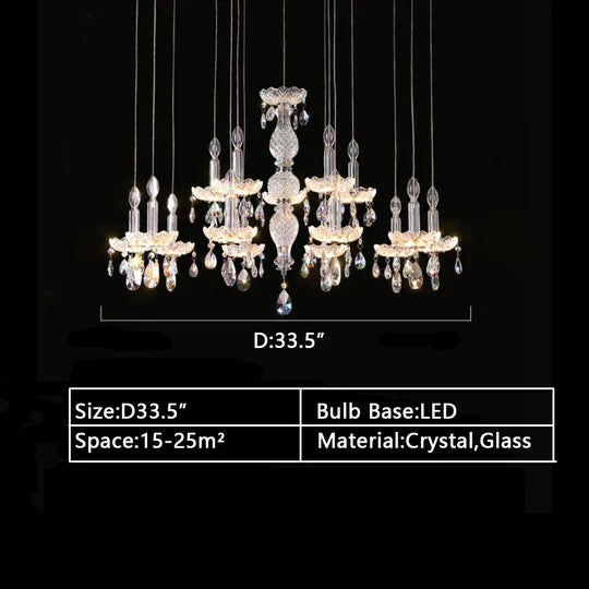 French Romantic Crystal and Glass Candle Chandelier Pendant Light with Metal Finish for Living Room Dining