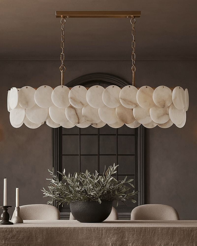 Rectangular Alabaster Chandelier Dia 100 / 120 with Round Shell Piece String Ceiling for Dining Room
