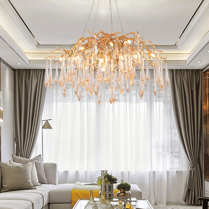 Iris Raindrop Brass Branch Round Crystal Chandelier 25-Inch35-Inch41-Inch