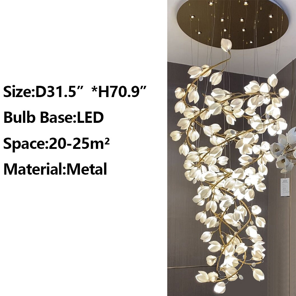 Spiral Pure White Magnolia Chandelier with Golden Branches for Staircase / high-Ceiling Space / foyer / Duplex
