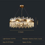Luxury Round Crystal Chandelier with Stainless Steel Finish Modern Ceiling Light for Living and Dining Room