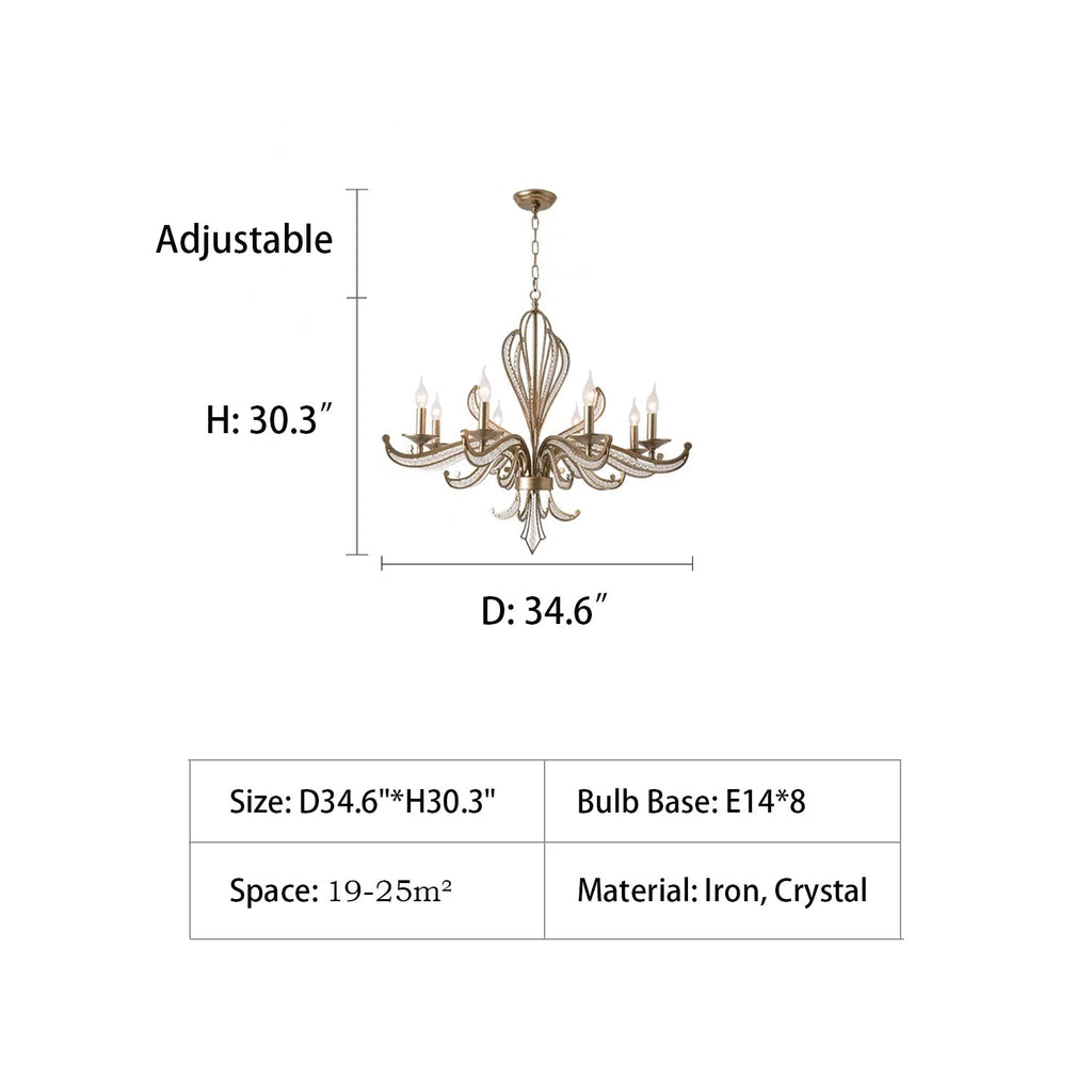 Vintage Silver Finish Crystal and Iron Candle Chandelier for Living Room and Dining Room