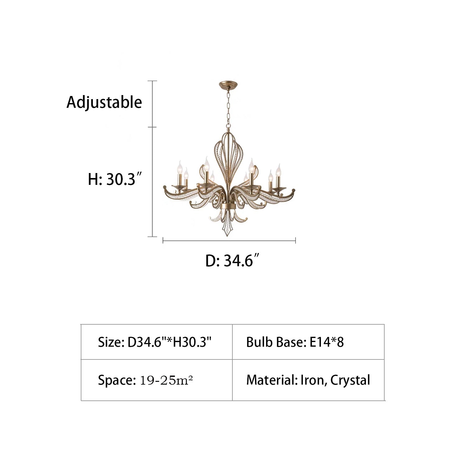 Vintage Silver Finish Crystal and Iron Candle Chandelier for Living Room and Dining Room