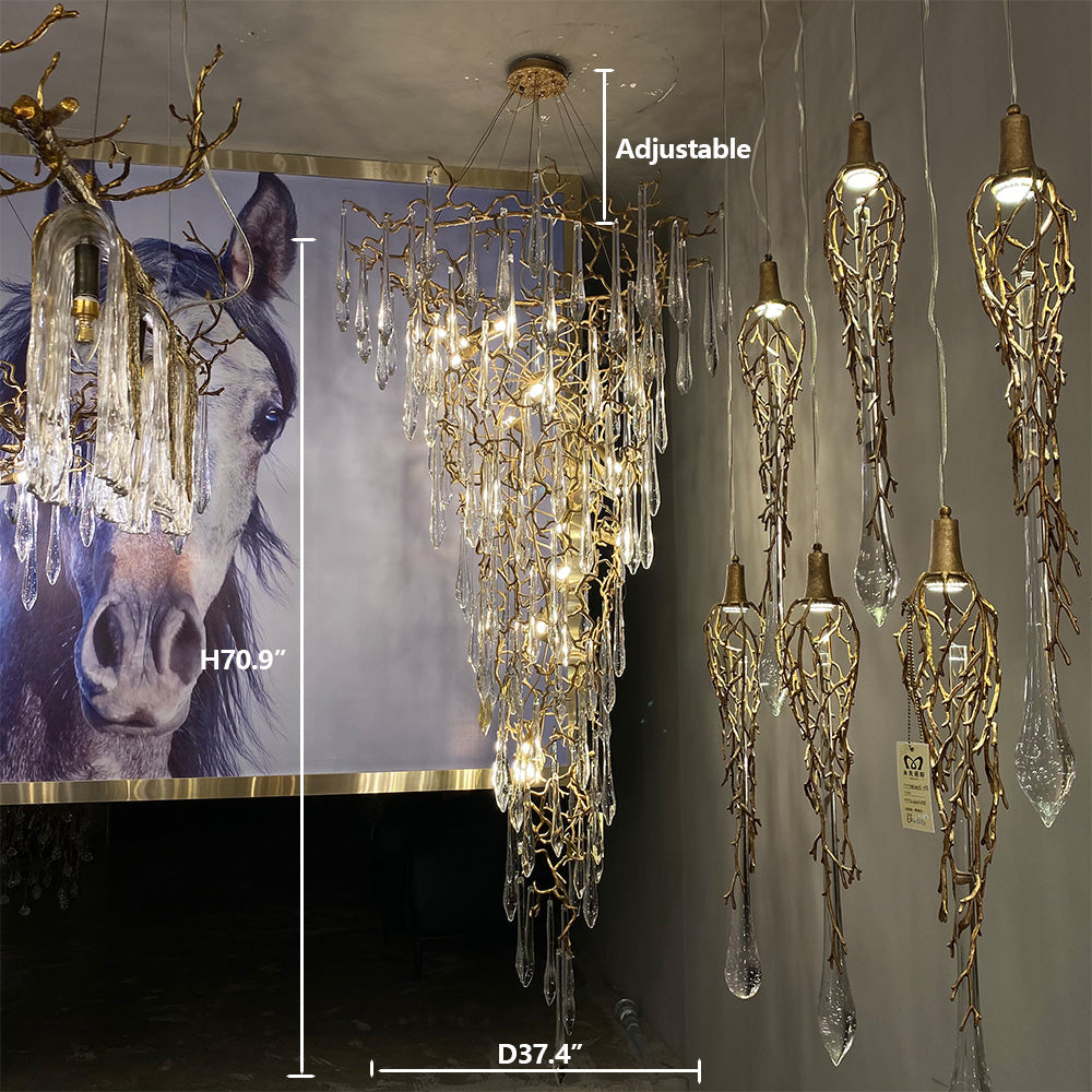 Modern Oversized Luxury Copper Crystal Long Crystal Branch Air Bubble Drop Staircase Light