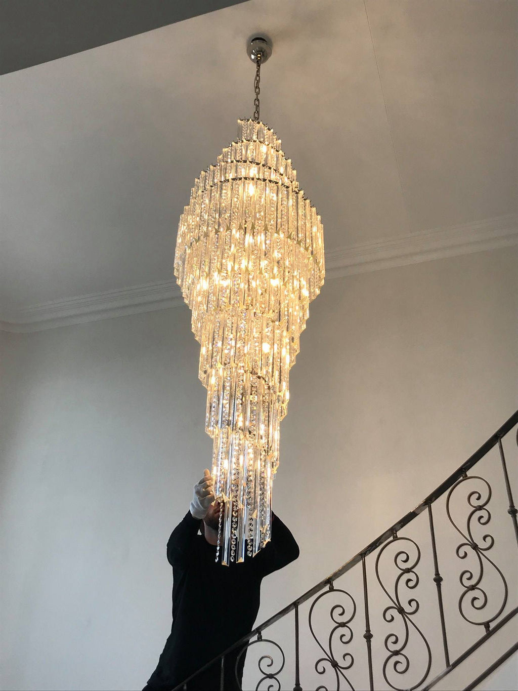 Luxury Spiral Crystal and Metal Chandelier for High-Ceiling Foyer and Staircase