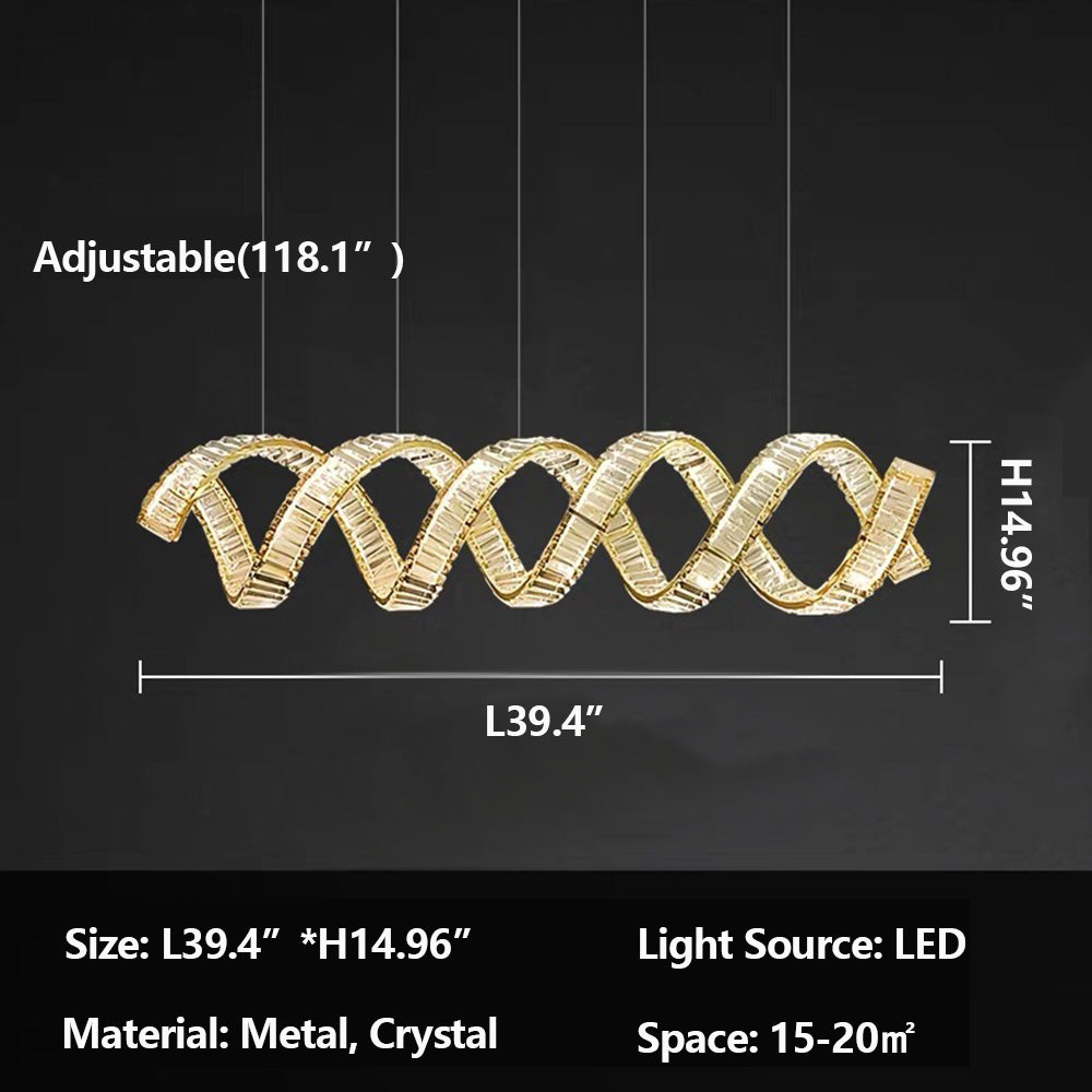 Luxury Stainless Steel Linear Spiral Crystal Chandelier for Dining Room and Kitchen Island