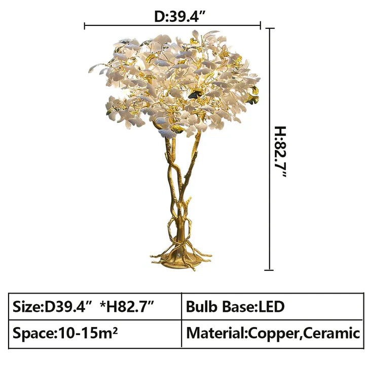 Luxury Creative White Ceramic Ginkgo Biloba Copper Branch Tree Floor Lamp for Living Room and Bedroom