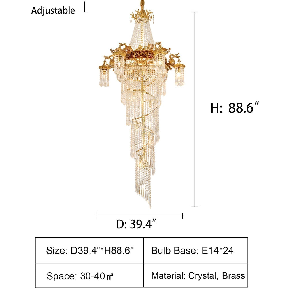 Extra Large Retro Luxury Full Copper Crystal Chandelier for Staircase / Duplexes / Villas