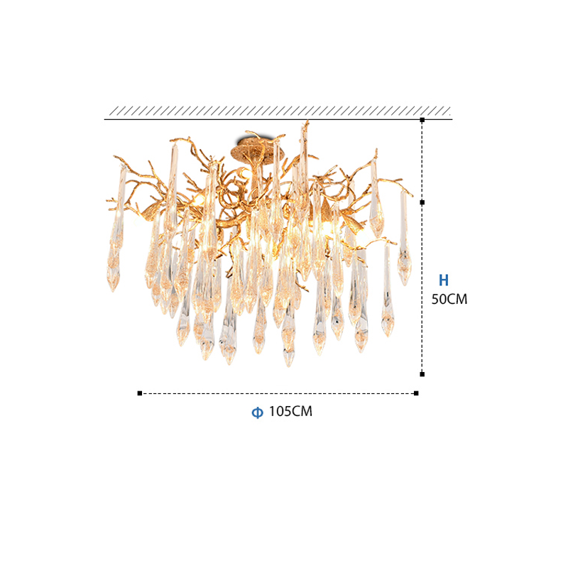 Iris Raindrop Brass Branch Crystal Ceiling Light Flushmount
