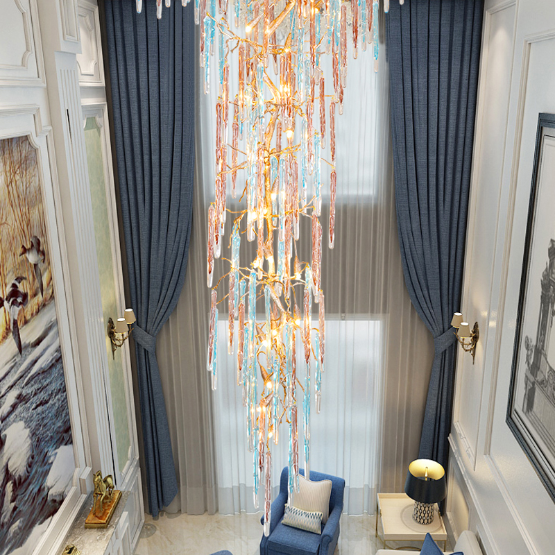 Dora Raindrop Colorful Crystal Branch Staircase Chandelier
