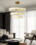 3-Tiered Stairwell Chandeliers | Irregular Alabaster Plate in Disk Ceiling with Long Cord
